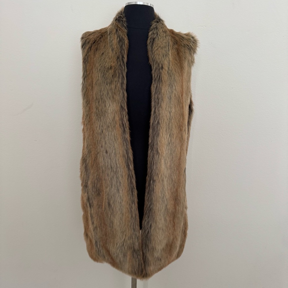 Donna Salyers Fabulous Furs Brown Faux Fur Longline Vest Open Front Size Medium